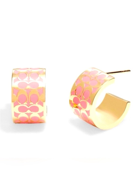 Coach Jewelry - Coach Signature C Pattern Pink and Gold Enamel Huggie Earrings NWT